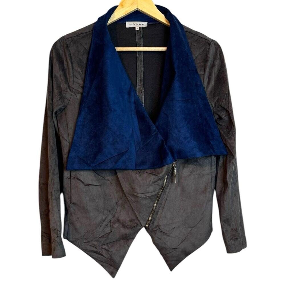 Adore Blue Gray Velvet Draped Asymmetric Zip Hi-Lo Hem Moto Jacket Small